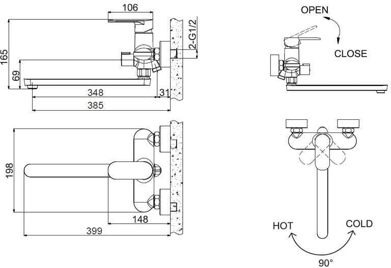 Смеситель для ванны BRAVAT Opal F6125183CP-02L серебристый, однозахватный