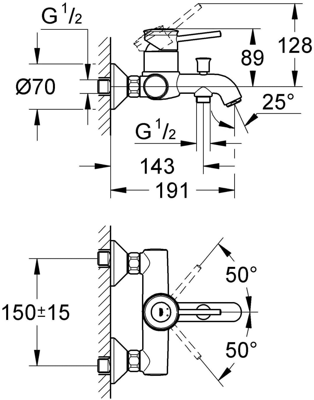 Смеситель для ванны Grohe 32865000 Bauclassic, однозахватный