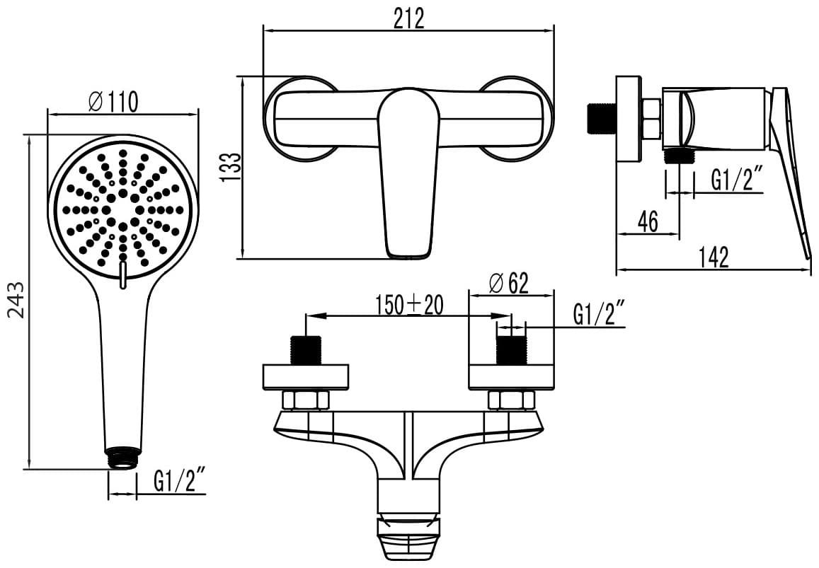 Смеситель для душа Lemark LM3703GM, однозахватный