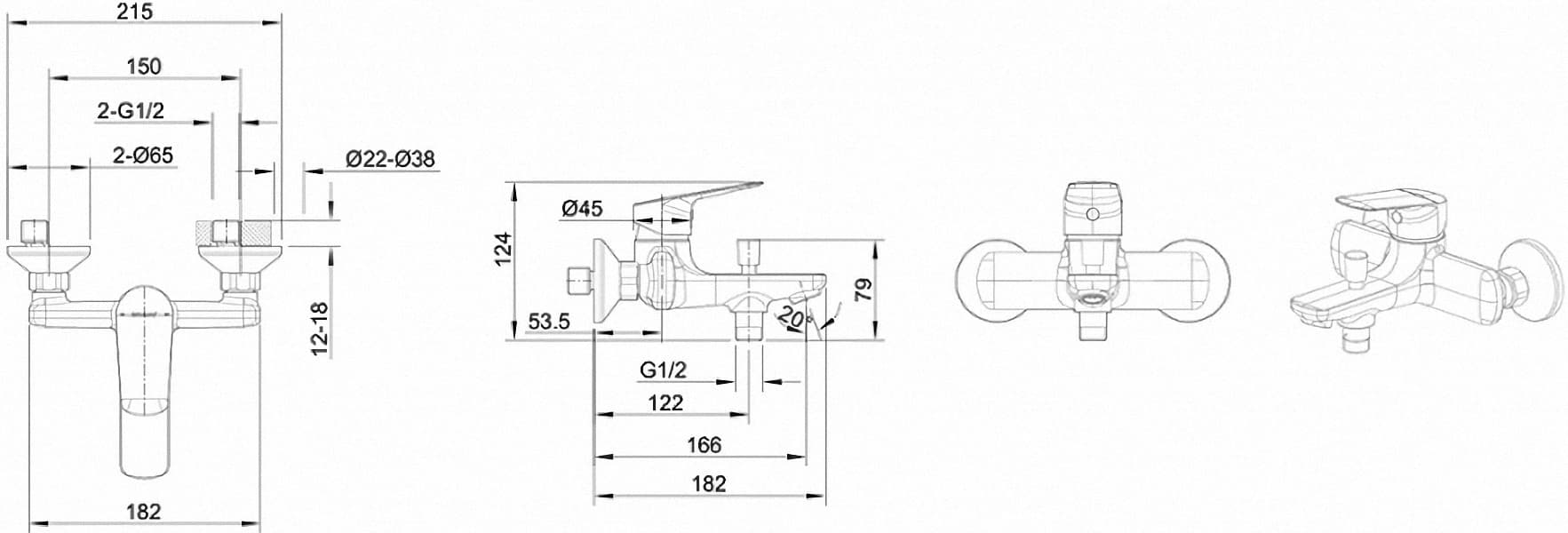 Смеситель для ванны с душем BRAVAT F6429564BW-01-ENG, однозахватный