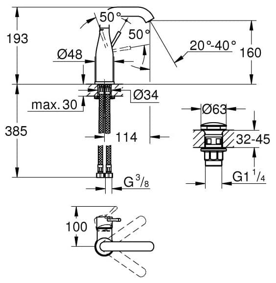 Смеситель для раковины (умывальника) Grohe 23798001, однозахватный