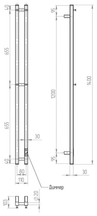 Полотенцесушитель электрический Двин X-2 plaza neo 140/8 Черный матовый, I-образный 8x140 см