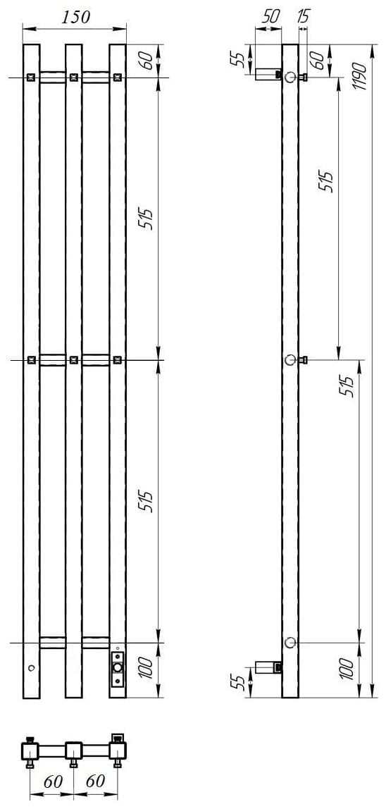 Полотенцесушитель электрический POINT PN13822B, I-образный 12x120 см