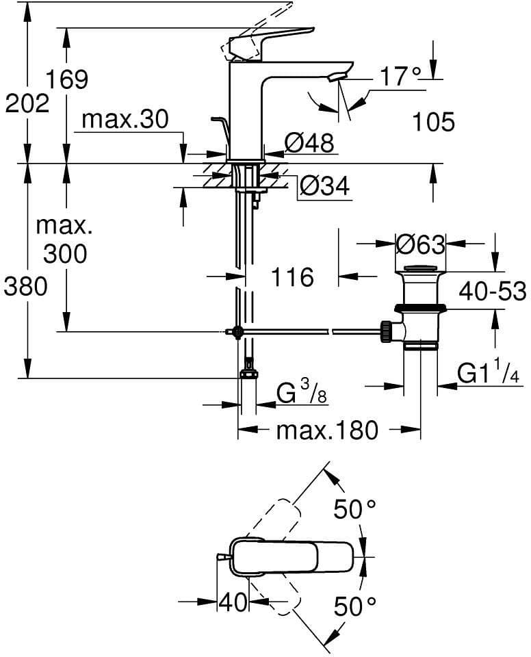 Смеситель для раковины (умывальника) Grohe Cubeo 1017492430, размер M, однозахватный