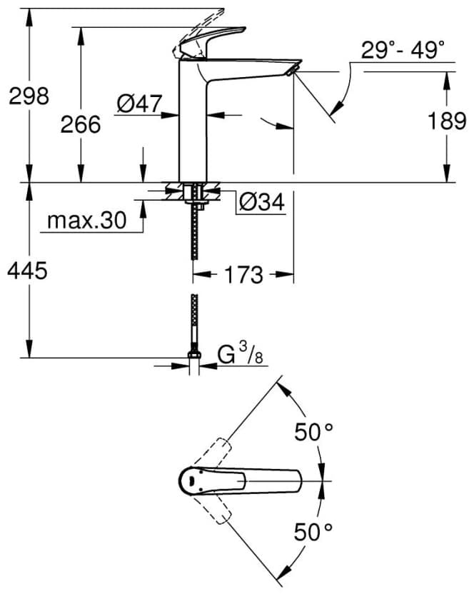 Смеситель для раковины (умывальника) Grohe Eurosmart, размер XL, матовый чёрный (239712433), однозахватный