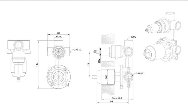 BRAVAT скрытая часть смесителя для ванны Built-in D969CP-B-ENG 3-функции