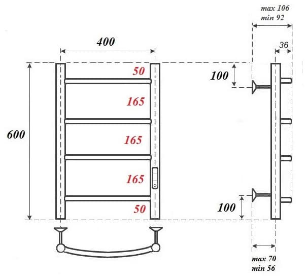 Полотенцесушитель электрический POINT Афина PN04846B П4 400x600 диммер справа, черный, лесенка 40x60 см