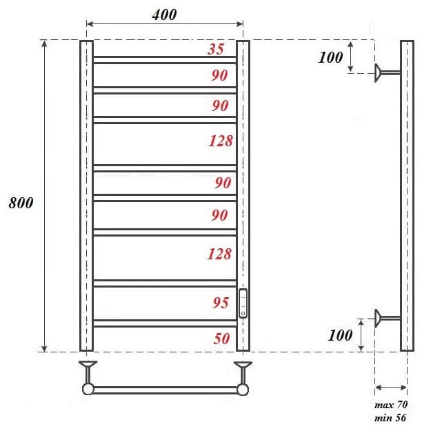 Полотенцесушитель электрический POINT Аврора PN10848B П8 400x800 диммер справа, черный, лесенка 40x80 см