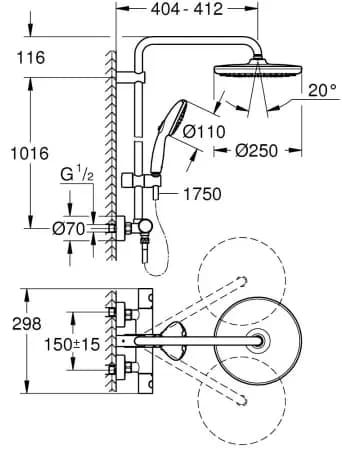 Душевая система GROHE Tempesta System 250 с термостатом для настенного монтажа, хром (26670001)