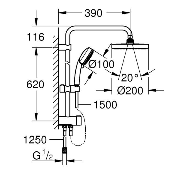 Душевая система с переключателем, без смесителя, хром Grohe Tempesta System 200 27389002