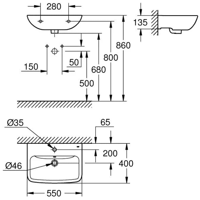 Раковина подвесная 55, с переливом, альпин-белый Grohe BauEdge Ceramic 39807000