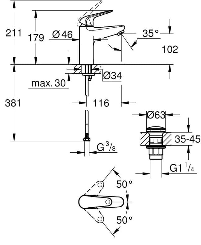 Смеситель для раковины (умывальника) Grohe Euroeco 24267001, однозахватный