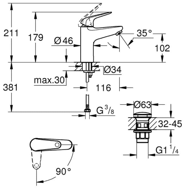 Смеситель Grohe Euroeco 24269001, латунь, цвет хром