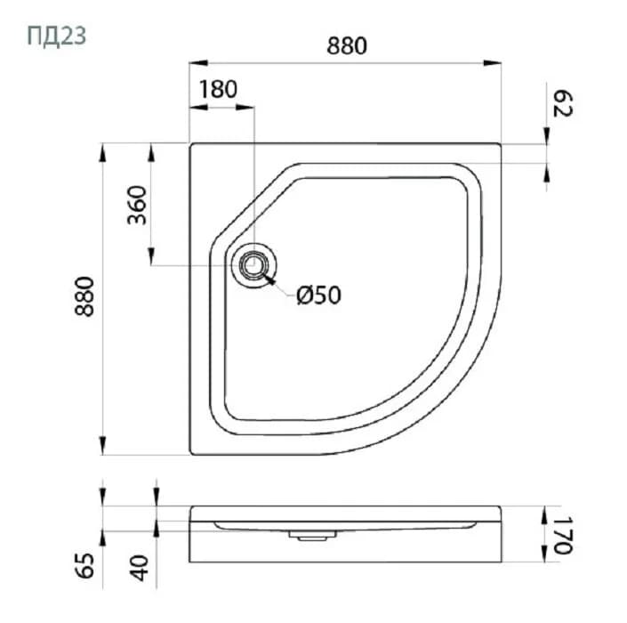 Поддон душевой Triton Щ0000038721, 88 x 88 см, ПД23 высота 17 см, четверть круга, белый