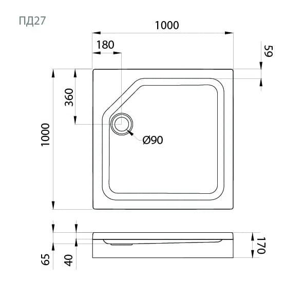 Поддон душевой Triton Щ0000050808, 100 x 100 см, ПД27 высота 17 см, квадратный, белый
