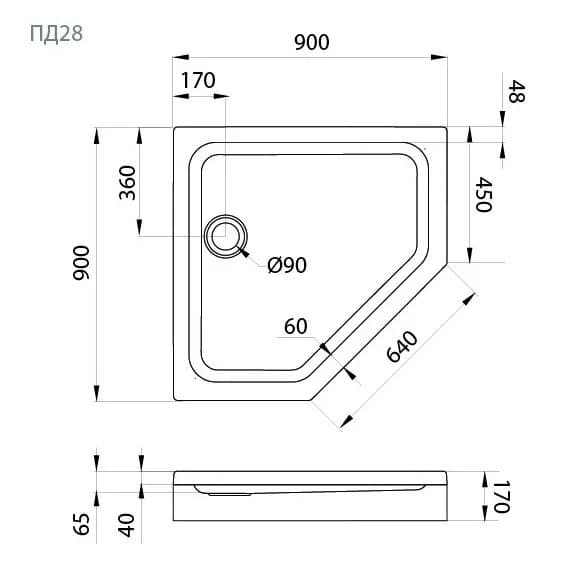 Поддон душевой Triton Щ0000052850, 90 x 90 см, ПД28 высота 17 см, пятиугольный, белый