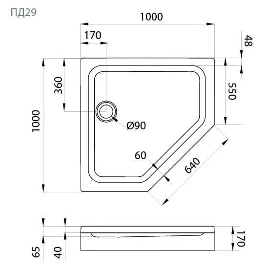 Поддон душевой Triton Щ0000056825, 100 x 100 см, ПД29 высота 17 см, пятиугольный, белый